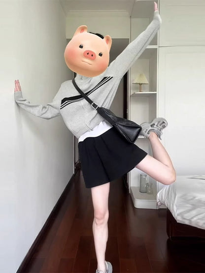 Stand Collar Striped Knit Zip Jacket / Mid Rise Plain Shorts / Set