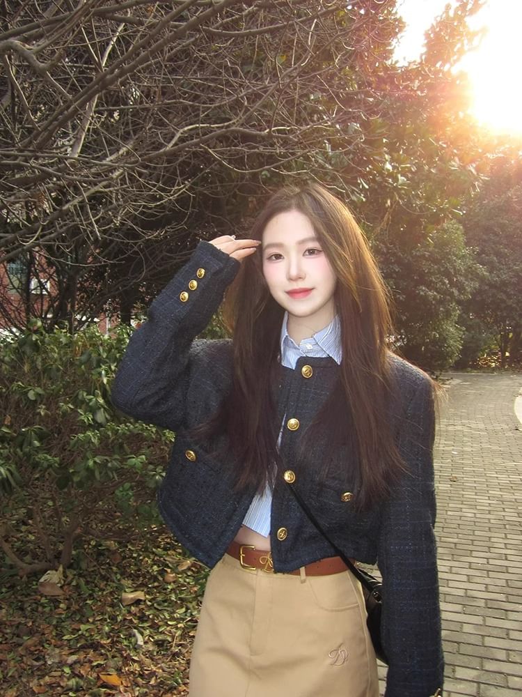 Round Neck Plaid Tweed Button Jacket / Collared Striped Button Shirt / High Waist Plain Midi A-Line Skirt / Set