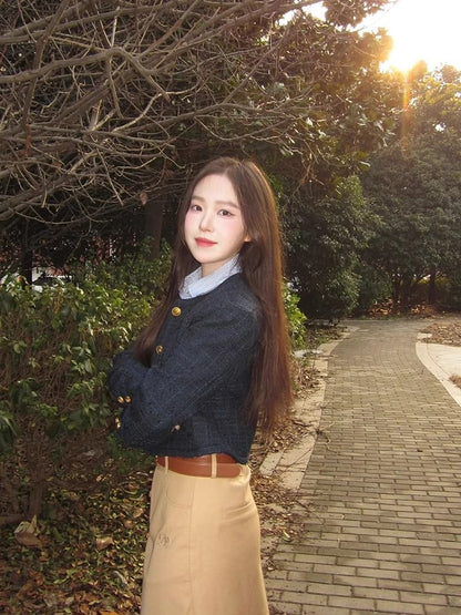 Round Neck Plaid Tweed Button Jacket / Collared Striped Button Shirt / High Waist Plain Midi A-Line Skirt / Set