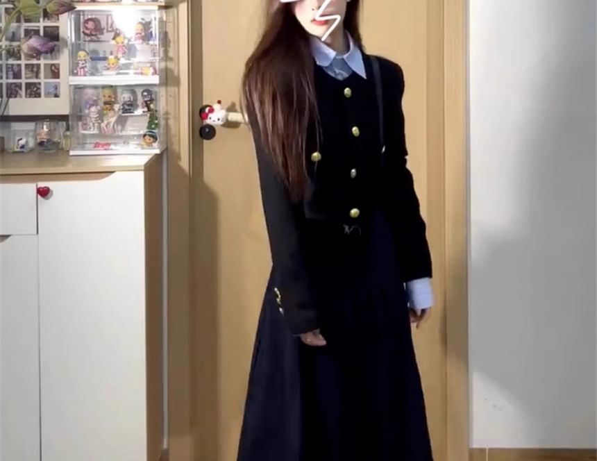 Long-Sleeve Collared Plain Shirt / Round Neck Plain Button Jacket