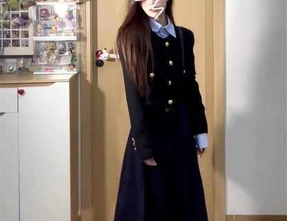 Long-Sleeve Collared Plain Shirt / Round Neck Plain Button Jacket