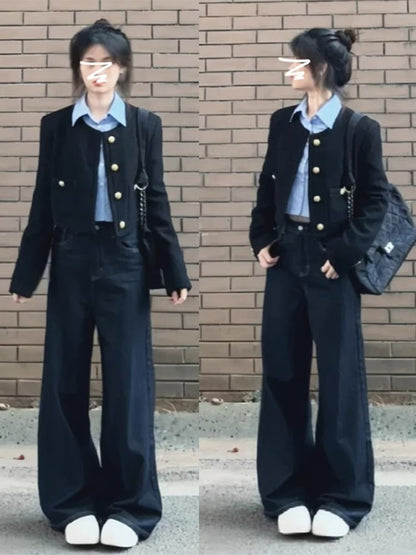 Long-Sleeve Collared Plain Shirt / Crew Neck Plain Button Jacket