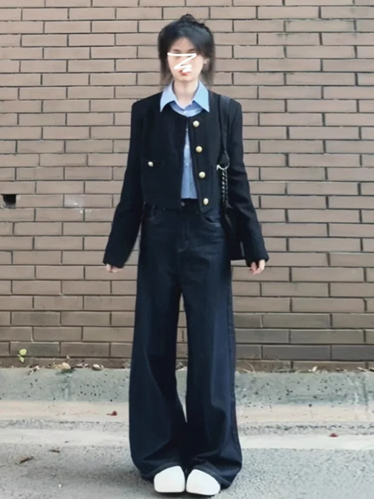 Long-Sleeve Collared Plain Shirt / Crew Neck Plain Button Jacket