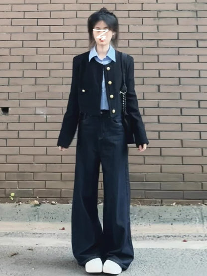 Long-Sleeve Collared Plain Shirt / Crew Neck Plain Button Jacket