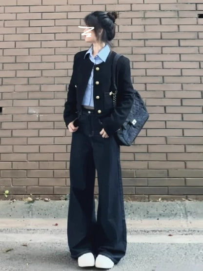 Long-Sleeve Collared Plain Shirt / Crew Neck Plain Button Jacket