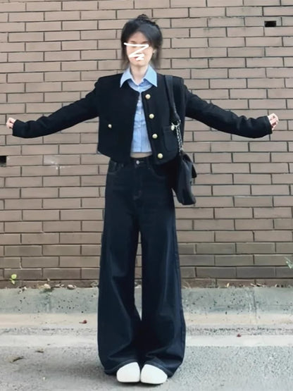 Long-Sleeve Collared Plain Shirt / Crew Neck Plain Button Jacket