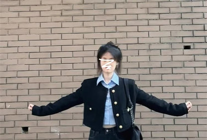 Long-Sleeve Collared Plain Shirt / Crew Neck Plain Button Jacket