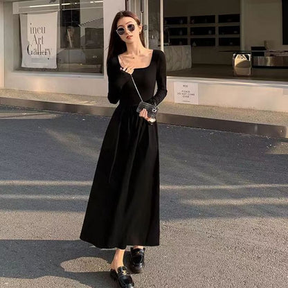Scoop Neck Long-Sleeve Plain A-Line Maxi Dress