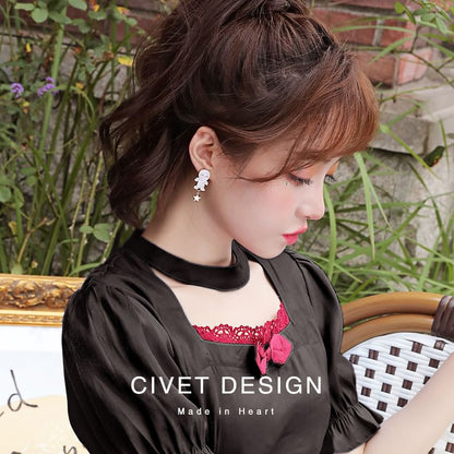 / Silver Stud Earring Sterling Halloween Cartoon Asymmetrical Cuff Ear