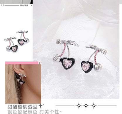 Ear Cuff Silver Stud Rhinestone Sterling Cherry Earring /