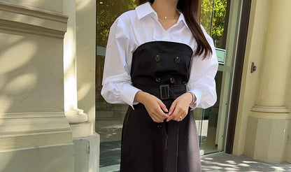 Collared Mock Two-Piece Long-Sleeve A-Line Maxi Dress