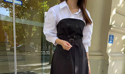 Collared Mock Two-Piece Long-Sleeve A-Line Maxi Dress