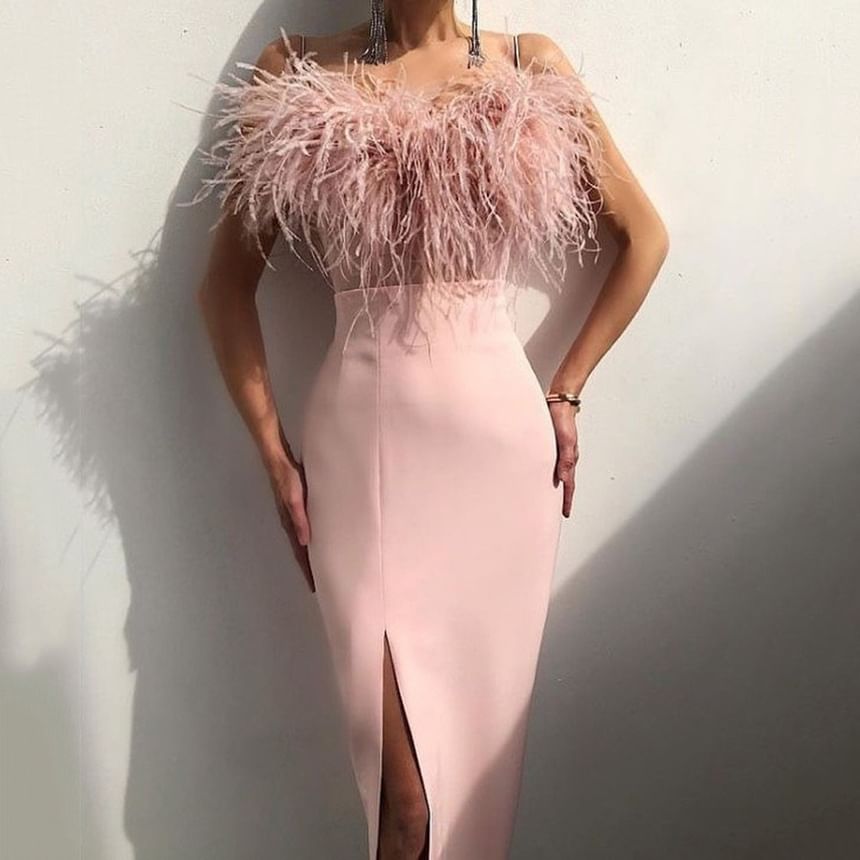Spaghetti Strap Frayed Sheath Maxi Dress