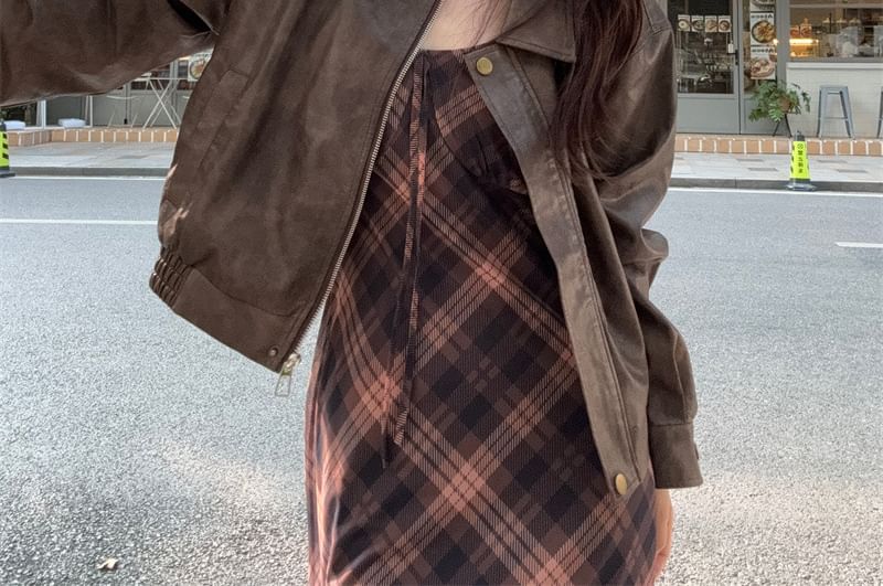 Faux Leather Zip Jacket with Plaid Spaghetti Strap Sundress