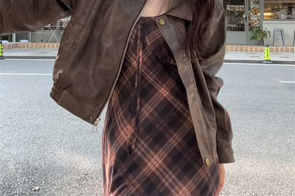 Faux Leather Zip Jacket with Plaid Spaghetti Strap Sundress