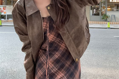 Faux Leather Zip Jacket with Plaid Spaghetti Strap Sundress