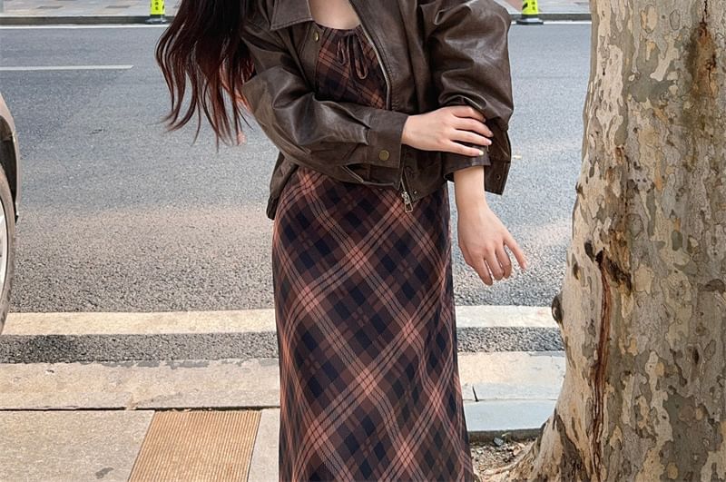 Faux Leather Zip Jacket with Plaid Spaghetti Strap Sundress