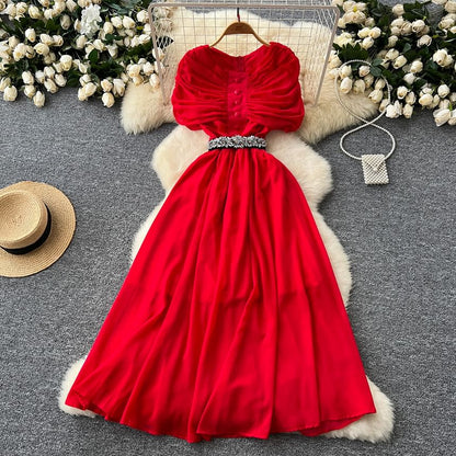 Short Sleeve Round Neck Ruched Button A-Line Maxi Dress