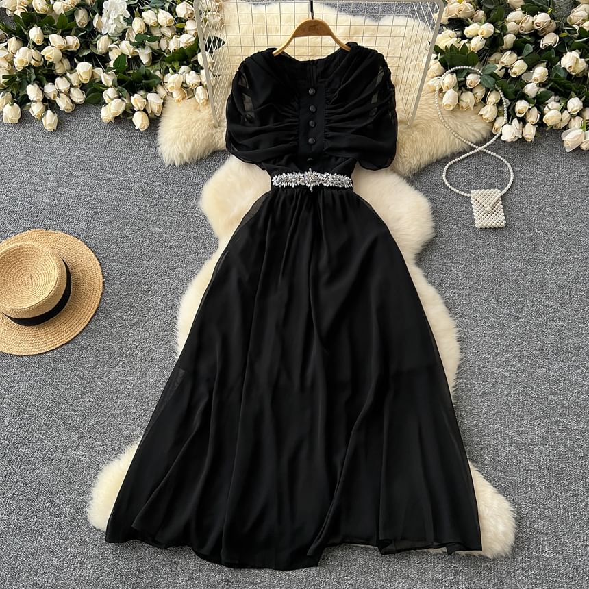 Short Sleeve Round Neck Ruched Button A-Line Maxi Dress