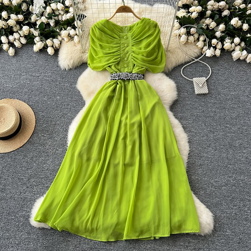 Short Sleeve Round Neck Ruched Button A-Line Maxi Dress