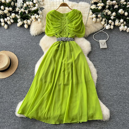 Short Sleeve Round Neck Ruched Button A-Line Maxi Dress
