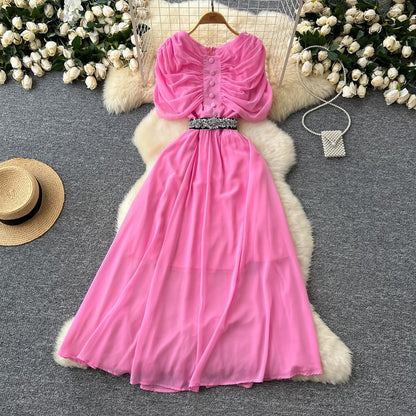Short Sleeve Round Neck Ruched Button A-Line Maxi Dress