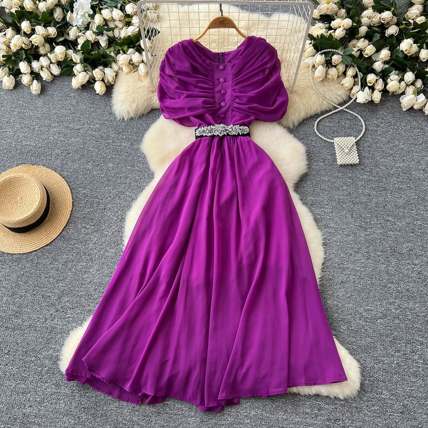 Short Sleeve Round Neck Ruched Button A-Line Maxi Dress
