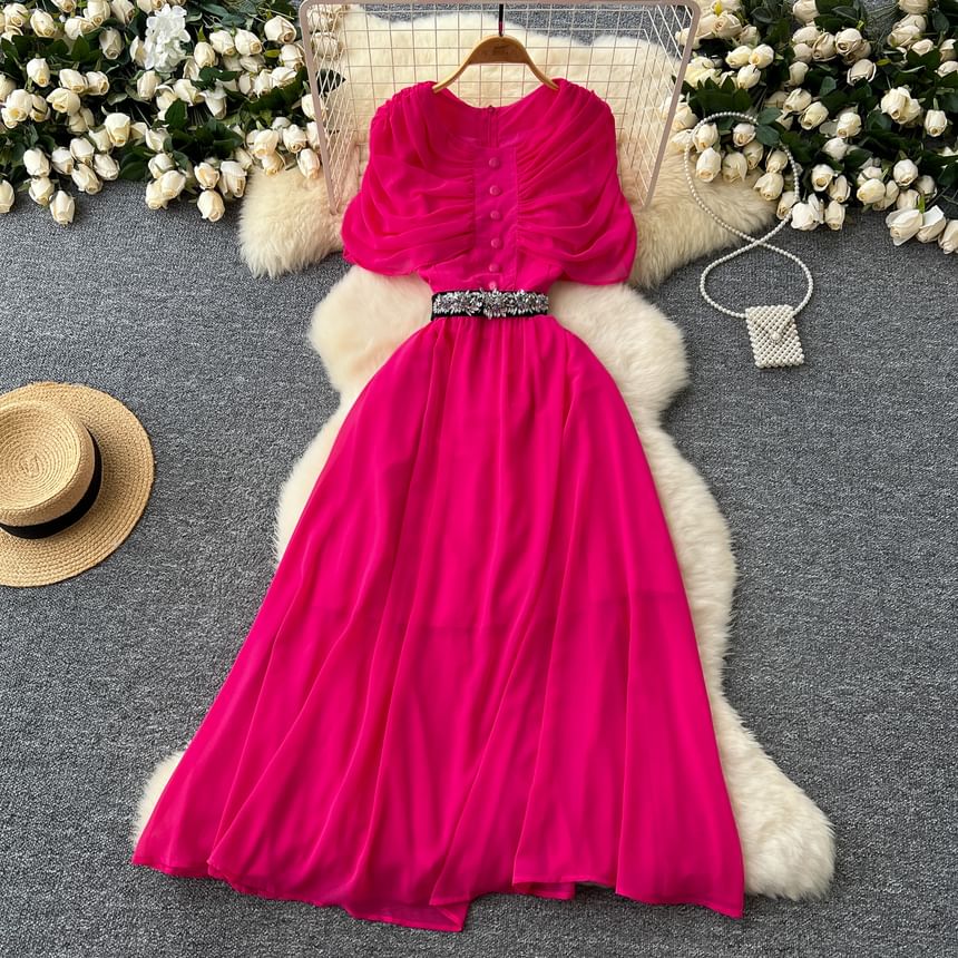 Short Sleeve Round Neck Ruched Button A-Line Maxi Dress