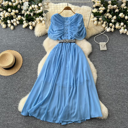 Short Sleeve Round Neck Ruched Button A-Line Maxi Dress