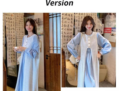 Long Sleeve Round Neck Plain Button Midi A-Line Dress / Sleeveless Round Neck Plain Fringe Long Vest / Set