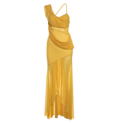 Asymmetrical Shoulder Spaghetti Strap Ruched Bodycon Maxi Dress