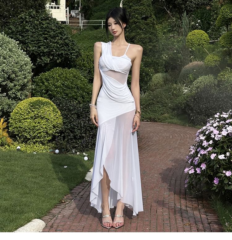Asymmetrical Shoulder Spaghetti Strap Ruched Bodycon Maxi Dress