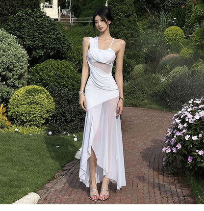 Asymmetrical Shoulder Spaghetti Strap Ruched Bodycon Maxi Dress