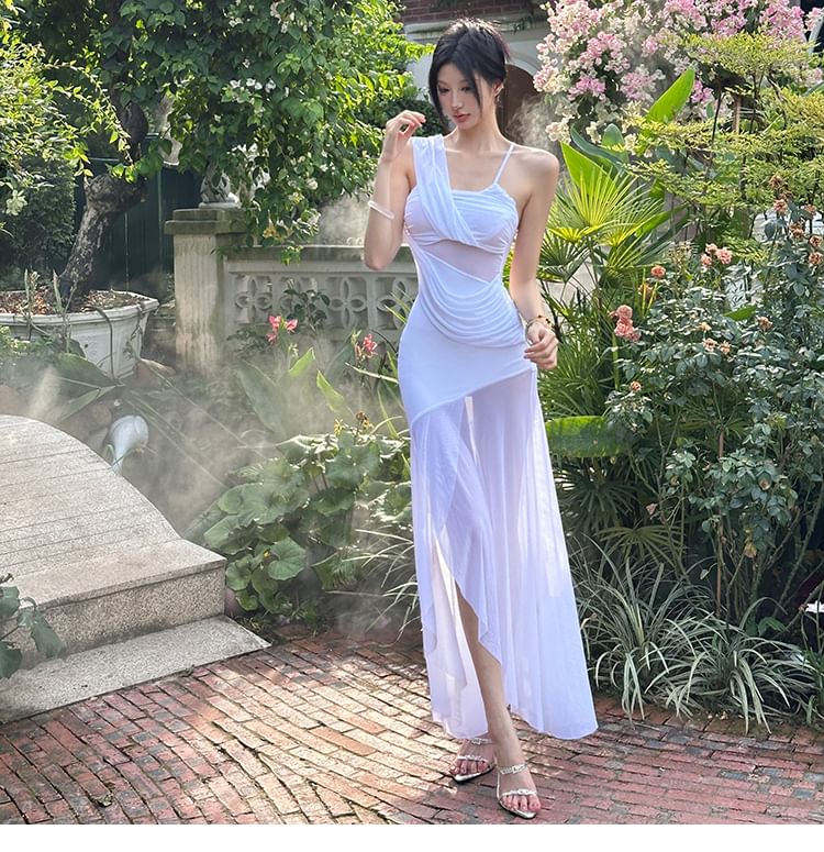Asymmetrical Shoulder Spaghetti Strap Ruched Bodycon Maxi Dress