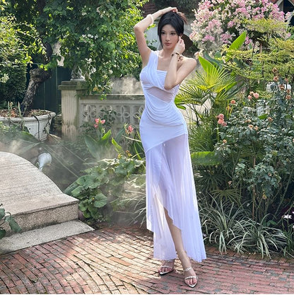 Asymmetrical Shoulder Spaghetti Strap Ruched Bodycon Maxi Dress