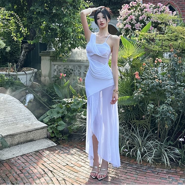 Asymmetrical Shoulder Spaghetti Strap Ruched Bodycon Maxi Dress