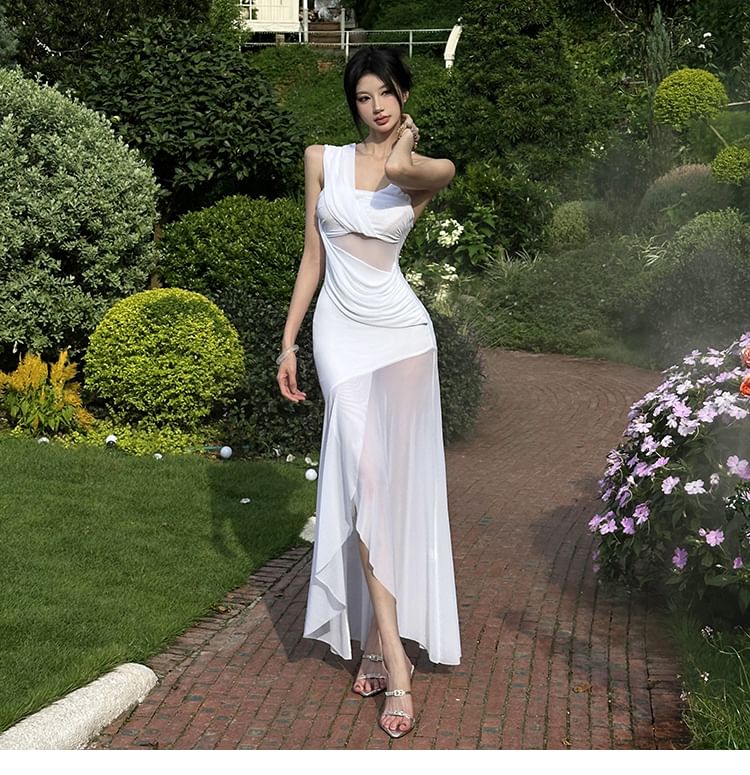 Asymmetrical Shoulder Spaghetti Strap Ruched Bodycon Maxi Dress