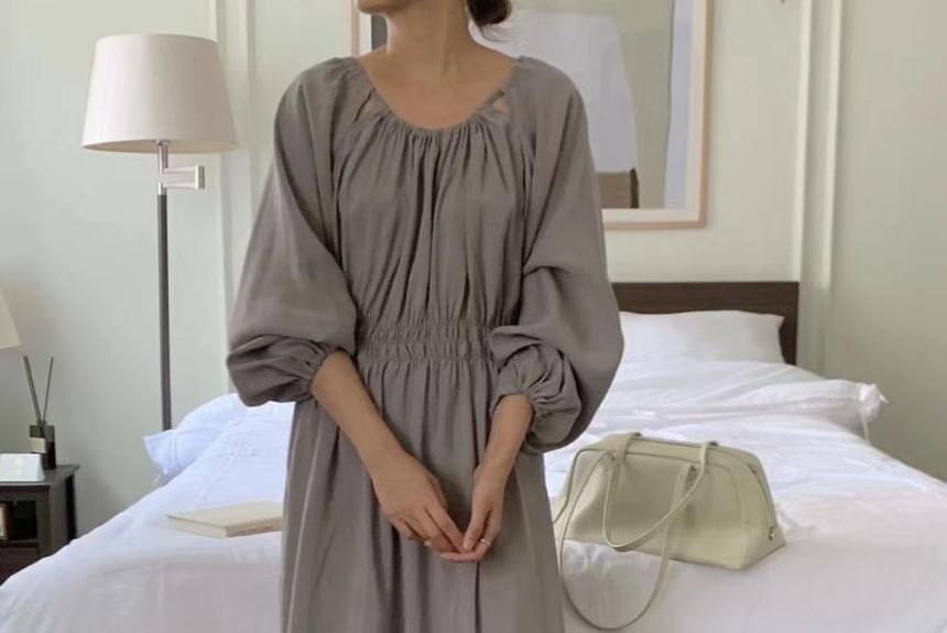 Long Sleeve Round Neck Ruched Cutout A-Line Maxi Dress