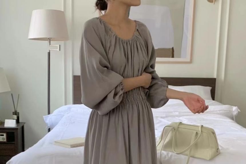Long Sleeve Round Neck Ruched Cutout A-Line Maxi Dress