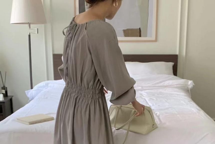 Long Sleeve Round Neck Ruched Cutout A-Line Maxi Dress