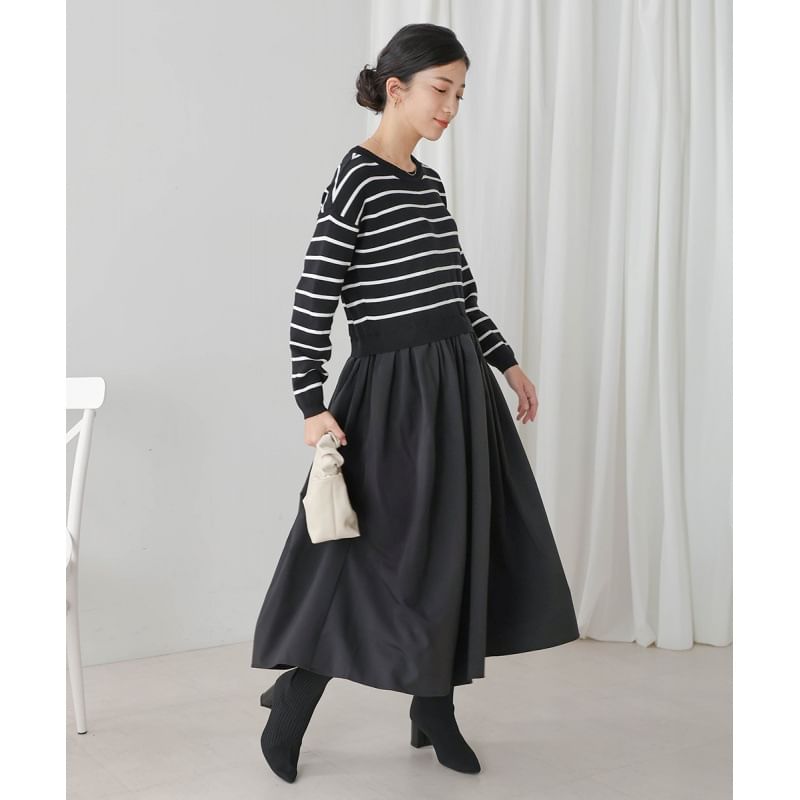 Crew Neck Striped Panel Mock Two-Piece Smock Maxi Dress
