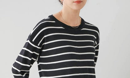 Crew Neck Striped Panel Mock Two-Piece Smock Maxi Dress