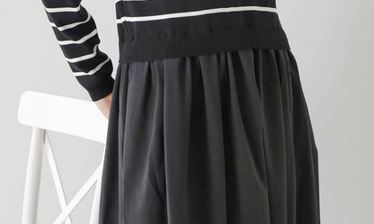 Crew Neck Striped Panel Mock Two-Piece Smock Maxi Dress