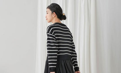 Crew Neck Striped Panel Mock Two-Piece Smock Maxi Dress