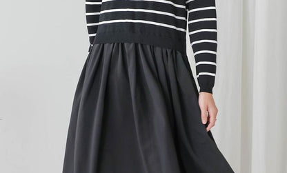 Crew Neck Striped Panel Mock Two-Piece Smock Maxi Dress