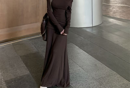 Off-Shoulder Long-Sleeve Ruched A-Line Maxi Dress