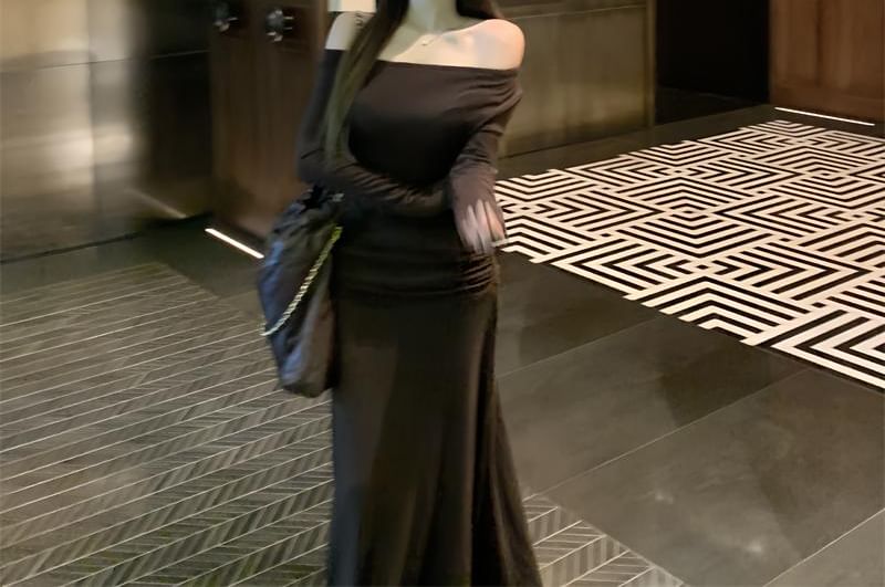 Off-Shoulder Long-Sleeve Ruched A-Line Maxi Dress