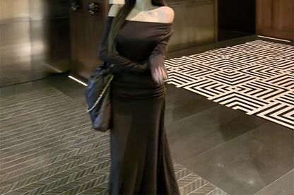 Off-Shoulder Long-Sleeve Ruched A-Line Maxi Dress