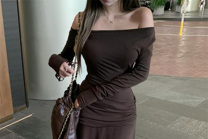 Off-Shoulder Long-Sleeve Ruched A-Line Maxi Dress
