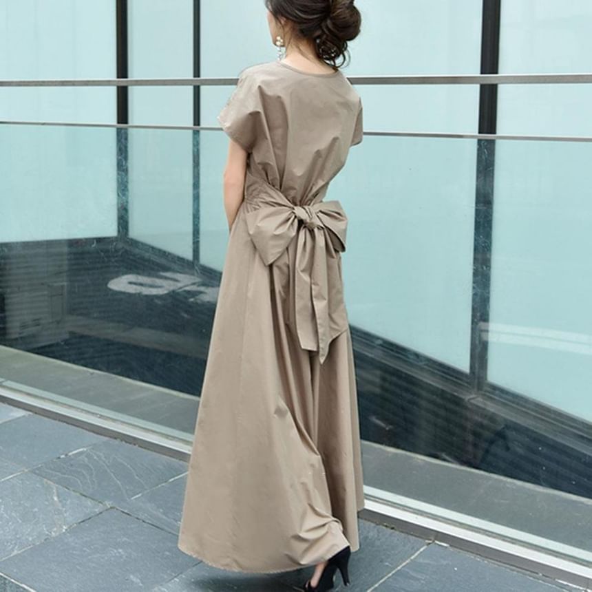 V-Neck Short Sleeve Plain A-Line Maxi Dress